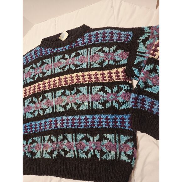Vtg 70's Ethnic Sweater Chunky XL Ecuador Country Life 100% Wool Folk Aztec Blue - Picture 1 of 9